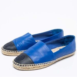 Tory Burch Colorblock Blue Leather Slip On Espadrille Flats